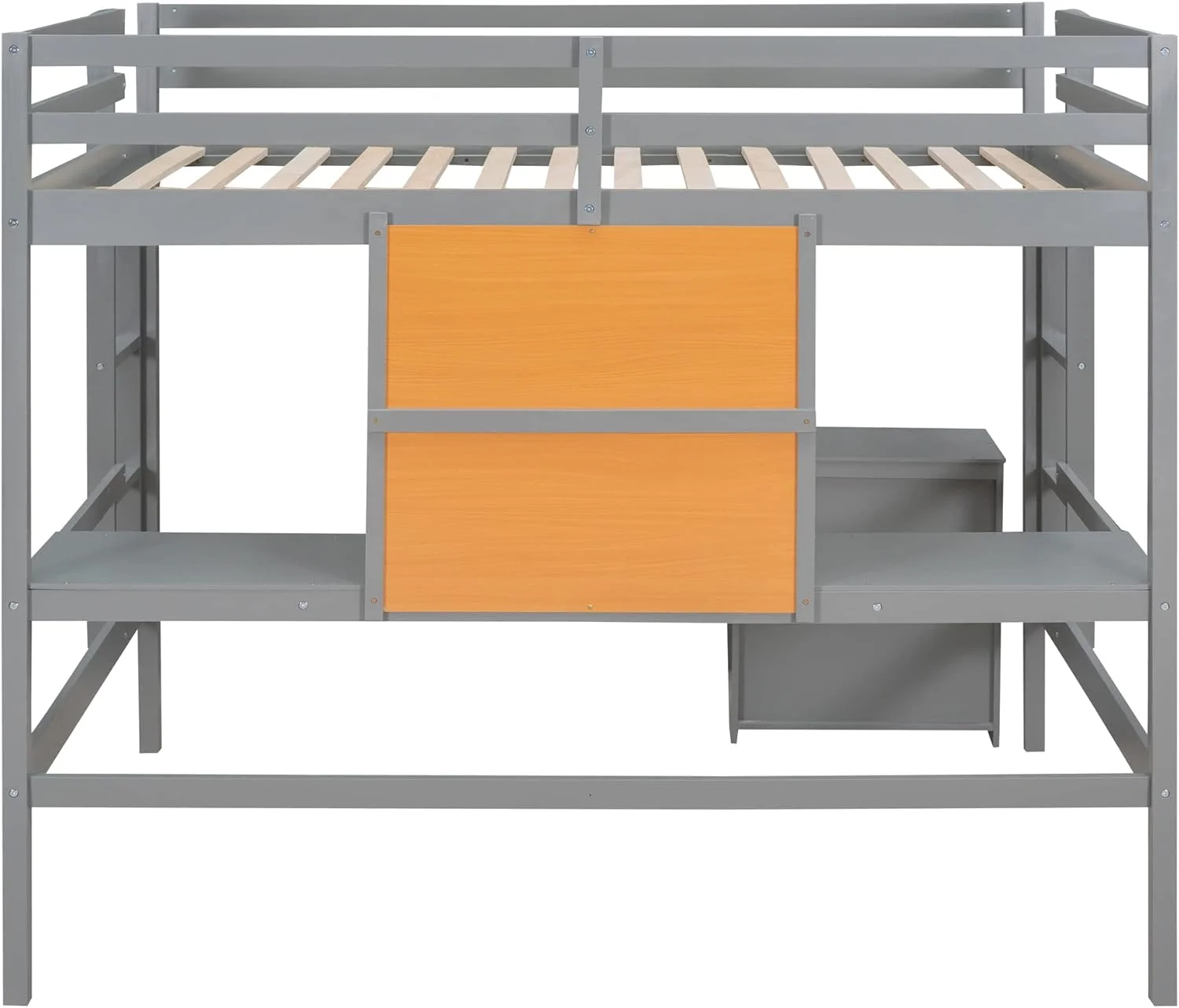 Full Size Loft Bed Frame With Desk, Storage Shelves And Writing Board, Wood Loft Beds With Two Ladders And Moveable 2-Shelf Cabinet, High Loft Bed For Kids Boys Girls Teens, Gray