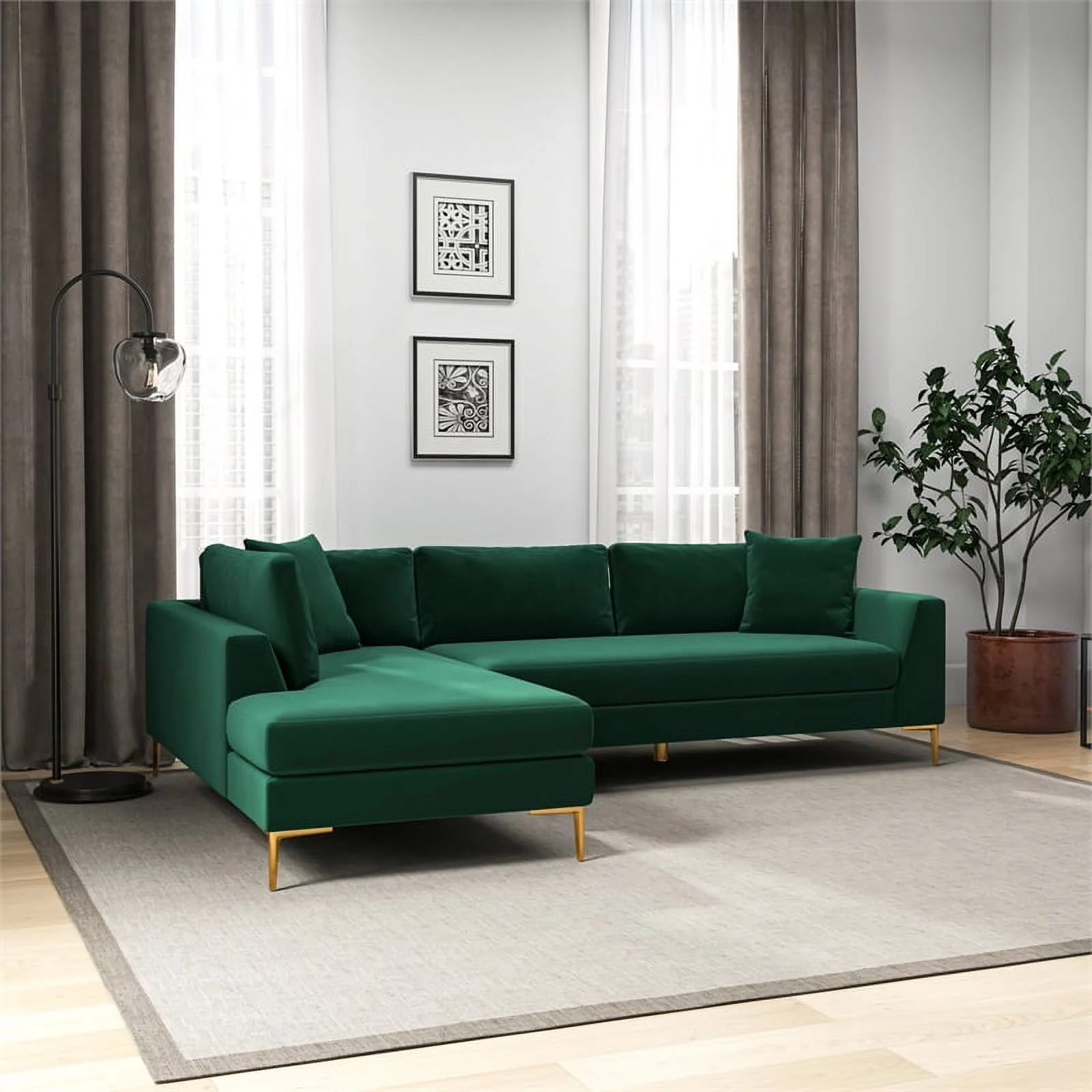 Pemberly Row Mid-Century Velvet L-Shaped Left-Facing Sectional in Green