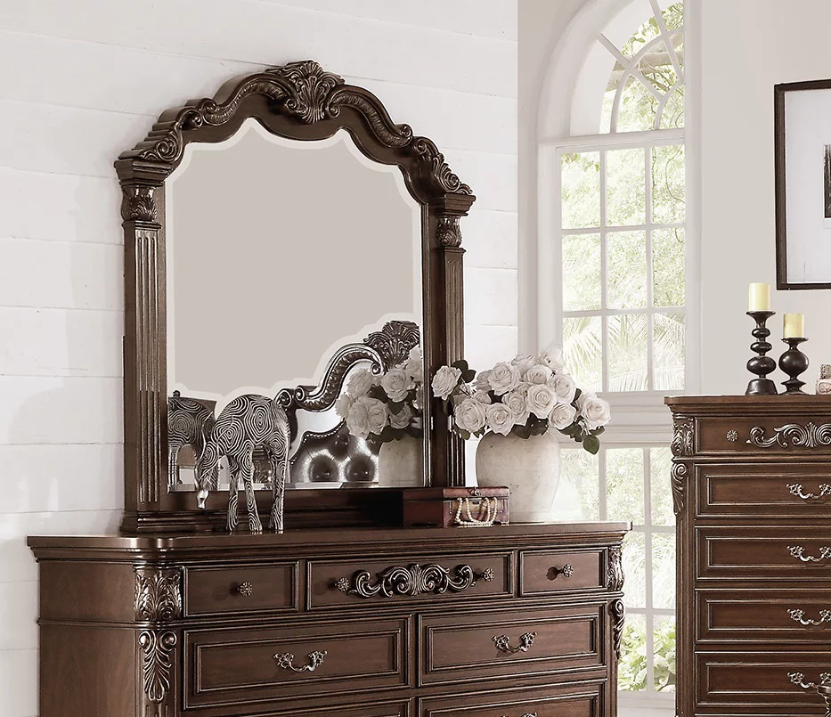Luxurious 4pcs Bedroom Furniture Tufted HB Panel Eastern King Bed Dresser Mirror Nightstand Brown