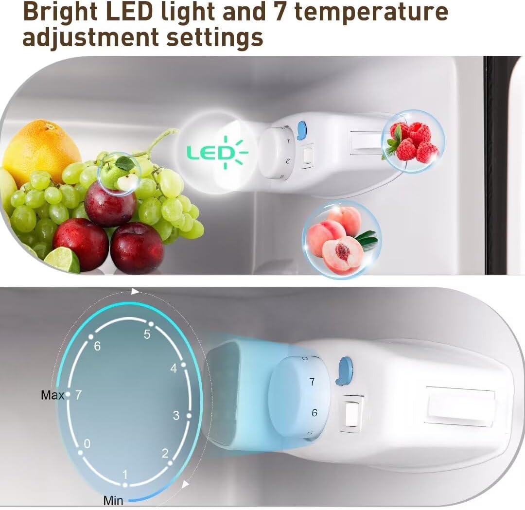 Apartment Size Refrigerator, 4.0 Cu.Ft Double Door Refrigerator with LED Lights and Adjustable Shelves, Suitable for Apartments and Offices, Silver