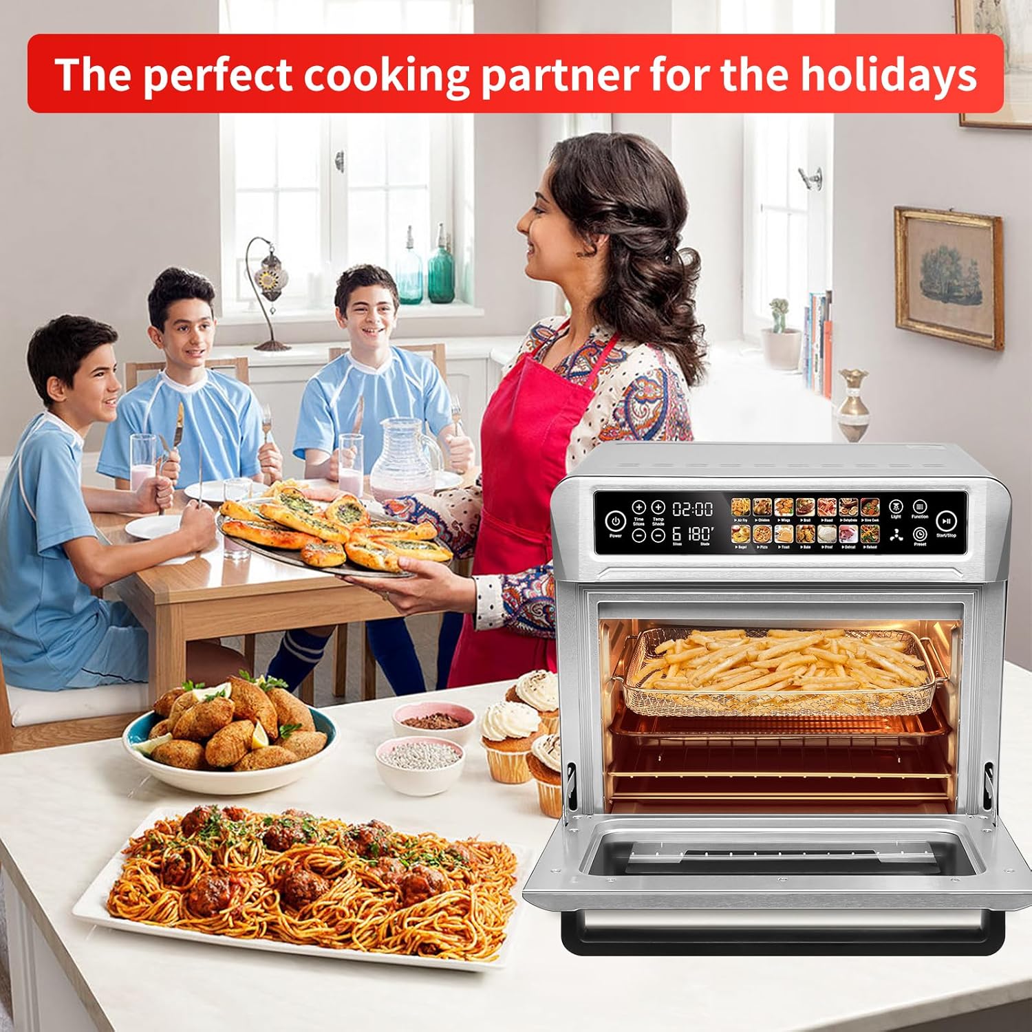 Air Fryer Toaster Oven, SEEDEEM 25L Countertop Convection Oven with Color LCD Display and Touch Screen, 14-in-1 Functions, Stainless Steel Smart Oven with Preset and Timer, Silver Metallic