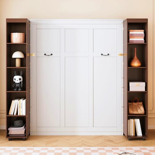KLMM Wooden Murphy Bed Wall Bed with 2 Wardrobe and Storage Shelf,Foldable Platform Bedframe for Guest-Room Bedroom Study Office Use (White#E, Full)