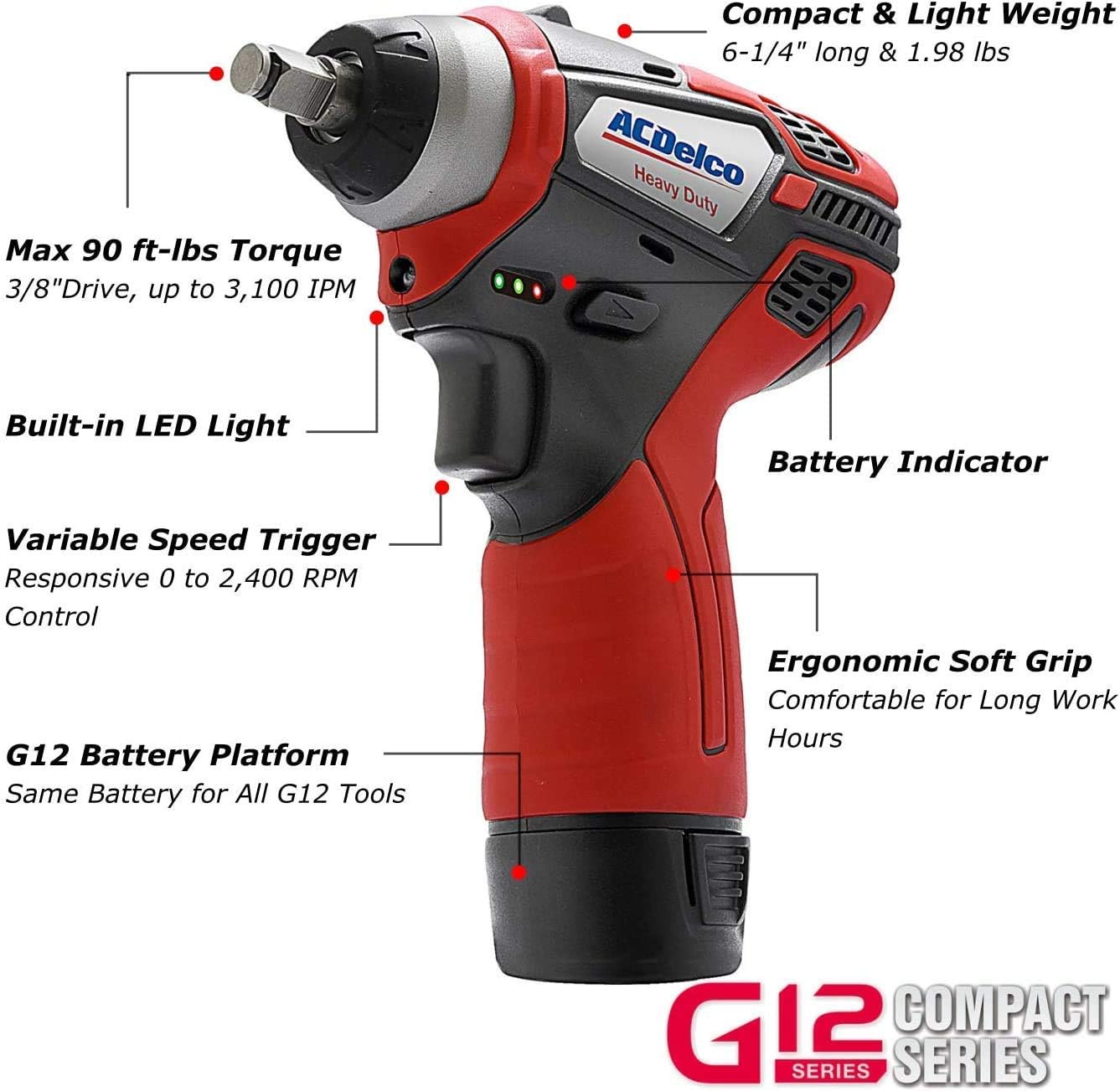 ACDelco ARW1208-K12 G12 Series 12V Cordless Li-ion 3” Mini Polisher, 3/8” Impact & Ratchet Wrench Combo Tool Kit with 2 Batteries