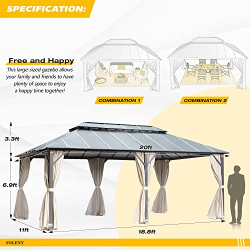 YOLENY 10' x 12' Hardtop Gazebo, Wood-Looking Gazebo with Galvanized Steel Double Roof, Aluminum Frame, Permanent Metal Pavilion with Netting and Curtains for Deck, Backyard, Patio and Lawns
