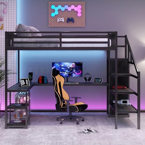Full Size Loft Bed with Stairs and Storage, Metal Loft Bed Frame with Bedside Shelf and Large Under-Bed Space, Heavy-Duty Bed for Adults Teens and Kids, Black