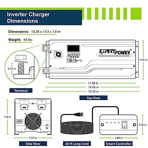 ExpertPower Pure Sine Wave Power Inverter Peak 6000W 12V DC -110V AC with AC 30A Charger LifePO4/ Lithium Battery | Auto Transfer Switch | LCD Display