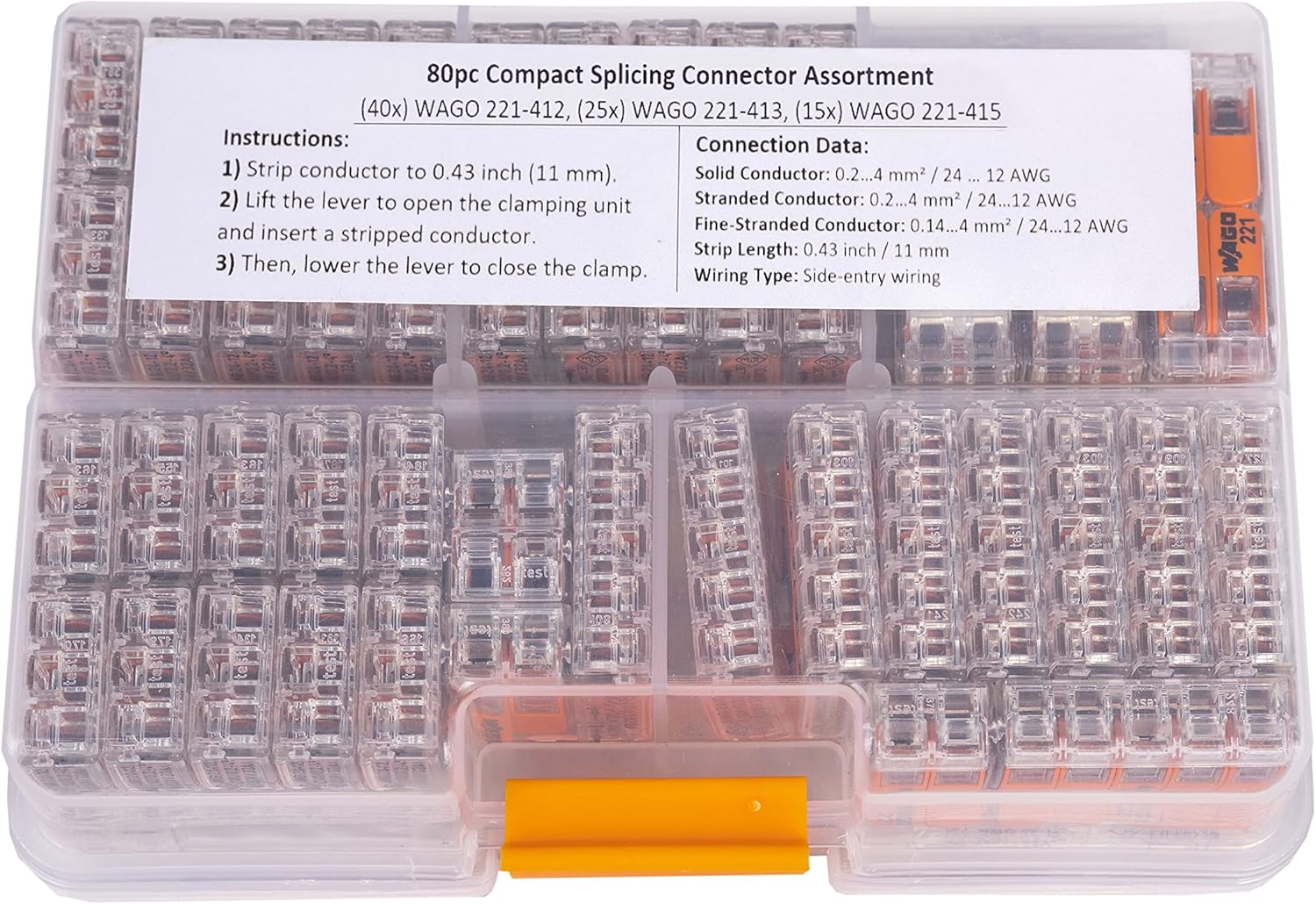 WAGO 80pc Wire Connectors,Compact Wire Splicing Connector,221 Series Lever-Nuts Assortment with Case | Includes (40x) 221-412, (25x) 221-413, (15x) 221-415