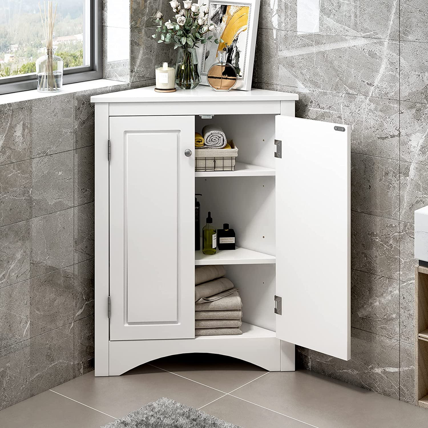 WAGEE Bathroom Corner Storage Cabinet - 2 Adjustable Shelves and 2 Doors Triangle Cabinets Furniture - Floor Cabinets Decorations for Home Kitchen Bathroom Living Room Small Space White Grey