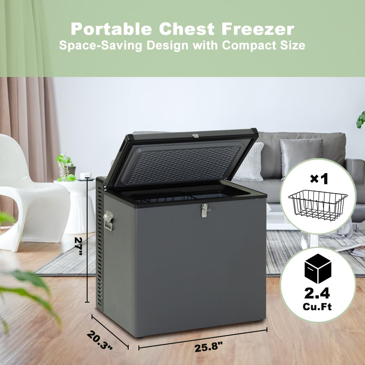 2.4 Cu.Ft. Propane Deep Freezer, 110V/12V/LPG Small Chest Freezer with Removable Basket and Lock, 3 Way RV Freezer for Outdoor, Camper Van, Home, Black