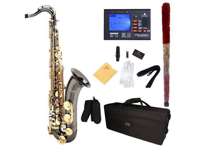 Mendini by Cecilio MTS-BNG+92D Black Nickel Plated and Gold Keys B Flat Tenor Saxophone with Tuner, Case, Mouthpiece, 10 Reeds a