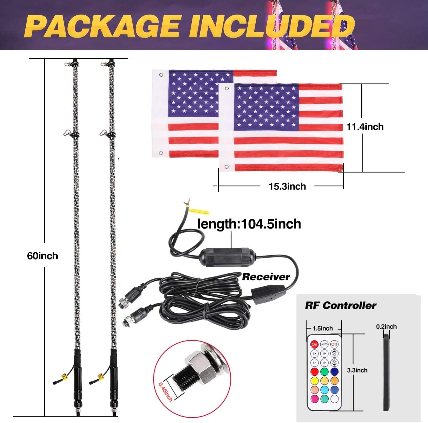 LED Whip Lights, Teochew-LED 2 Pack 5FT RGB Whips Light RGB Chasing Antenna Light Spiral Whip Lights for ATV UTV SXS RZR 4X4 Polaris Truck