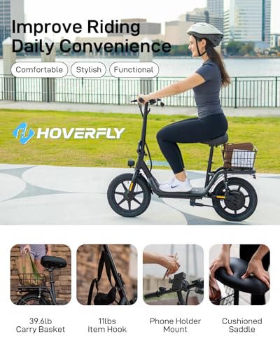 Hoverfly 14" Electric Scooter with Seat Adult, 550W/750W Peak Motor, 18.6/25 Miles Range, 15.5/22Mph Max Speed, Height-Adjustable Comfort Seat, Commuter Escooter with Carry Basket&Accessories