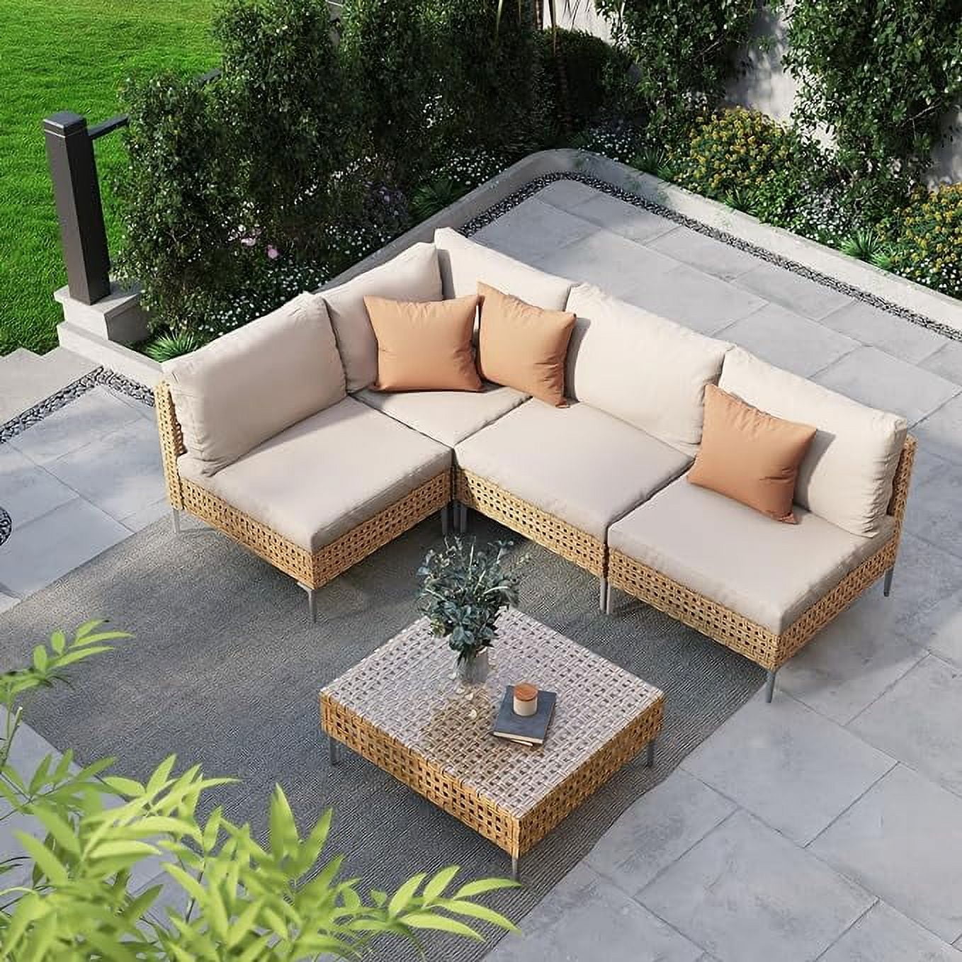 Grand Patio 7-Piece Wicker Patio Furniture Set, All-Weather Outdoor Conversation Set Sectional Sofa with Water Resistant Beige Thick Cushions and Coffee Table