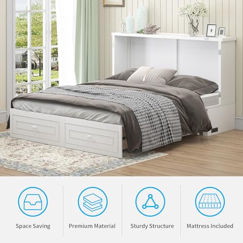 Mjkone Murphy Bed Cabinet, Queen Size Cabinets Bed Chest with USB Charging Station & Tri-Folding Mattress, Wall Beds with Storage Drawers for Guest Bedroom Apartment Office, Easily Convertible, White
