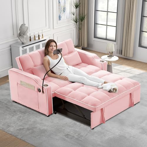 Convertible Sleeper Sofa Bed, 3 in 1 Velvet Pull Out Loveseat Couch Modern Comfy Futon Sofa with Adjustable Backrest & Phone Holder & USB Charging Space Saving for Living Room, Small Apartment, Grey