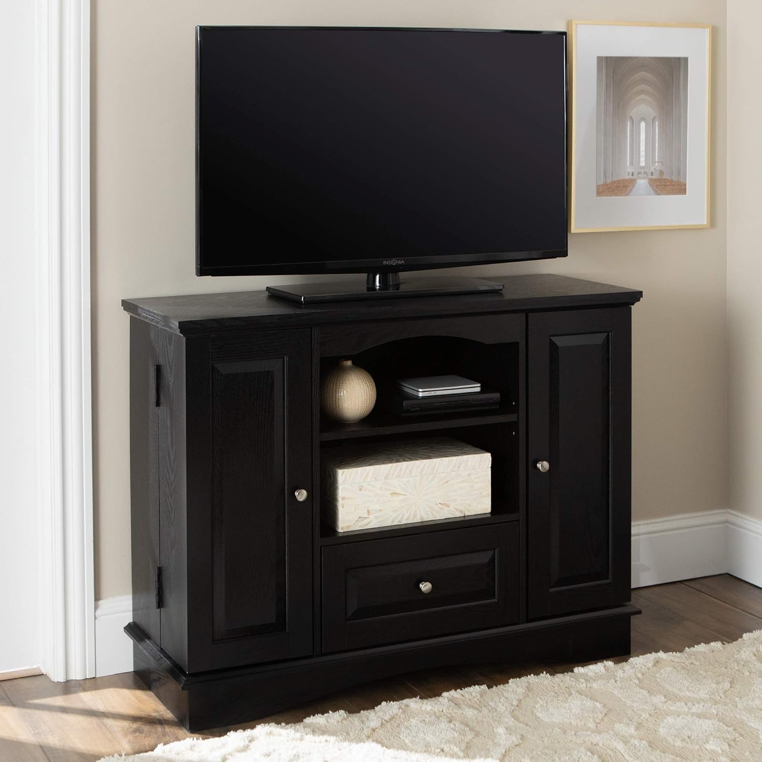 Walker Edison Traditional Wood Universal TV Stand with Storage Cabinets for TV's up to 65 Living Room Entertainment Center, 44 Inch, Traditional Brown