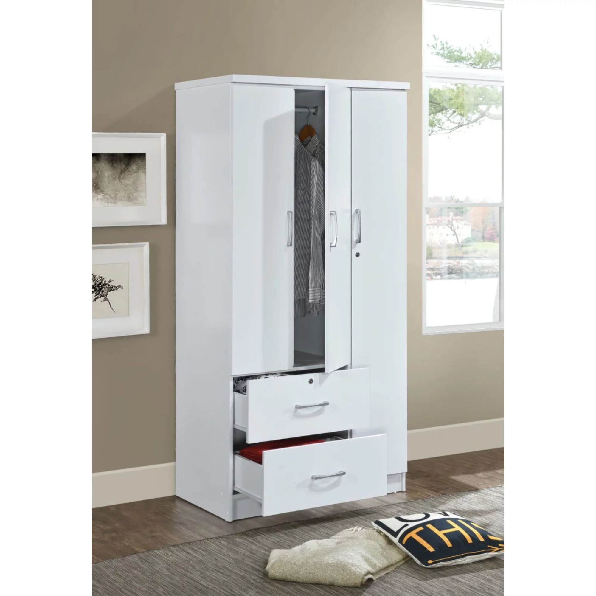 Contemporary Home Living 72" White 2 Drawers and 3 Shelves with 3 Doors Armoire