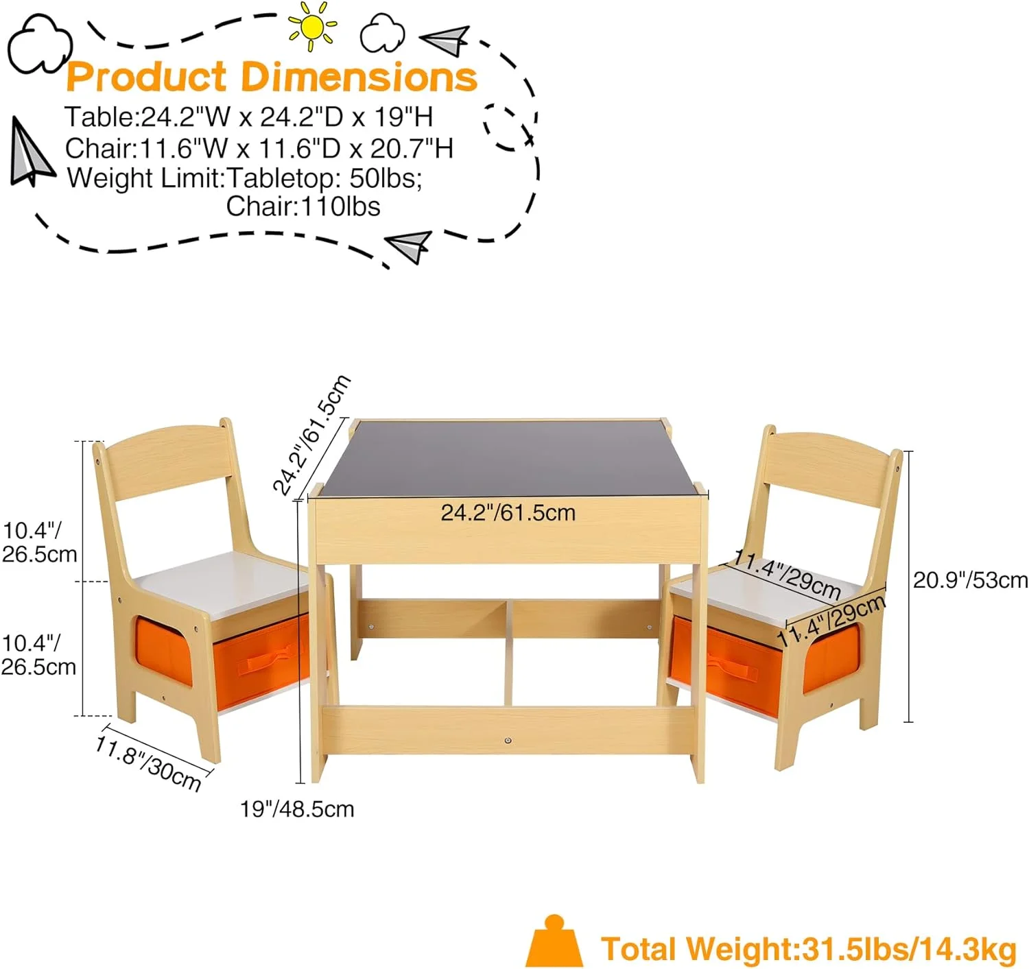 REDCAMP Kids Table and Chair Set, Wooden Activity Table with 2 Chairs,Storage Drawers,Activity Art Table for Toddler Drawing, Reading, Crafts, Play,（Natural）