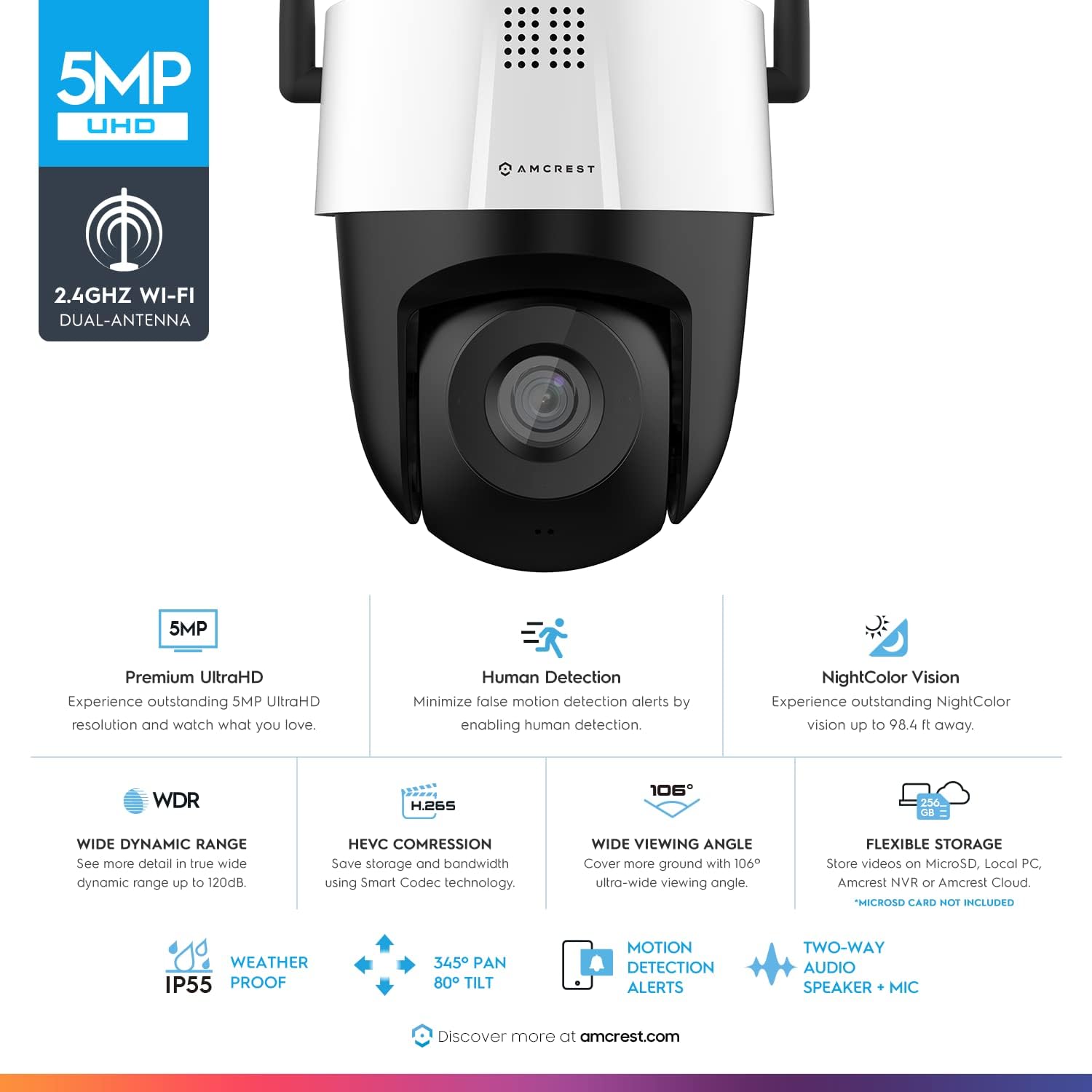 Amcrest 5MP UltraHD Mini AI Outdoor WiFi Camera, Security IP Camera with Two-Way Audio, 98ft Full Color Nightvision, Remote Viewing, 5-Megapixel, Wide 106° FOV, IP5M-1190W (White)