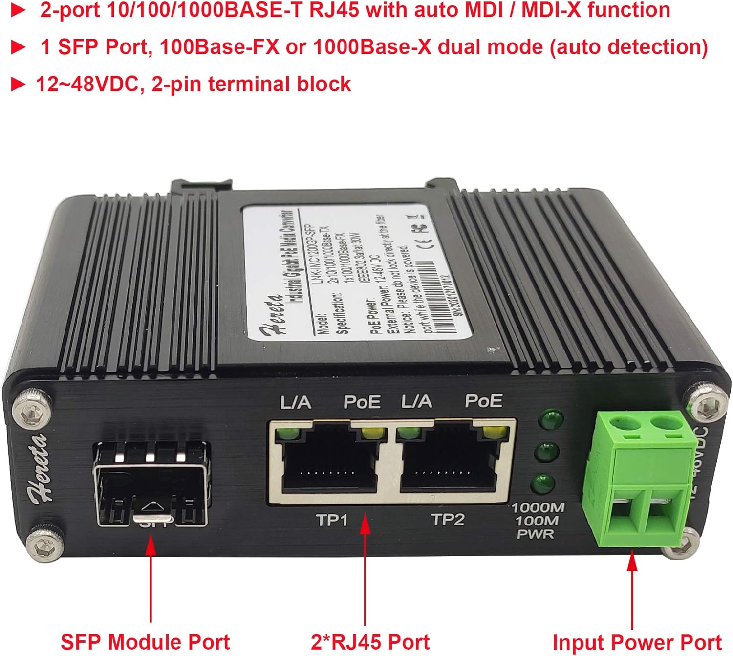 Gigabit Industrial Ethernet Media Converter POE+ 30W Aluminum Case 2 RJ45 Port 1 SFP Port Supports External SFP Modules 12~48V DC Input Power