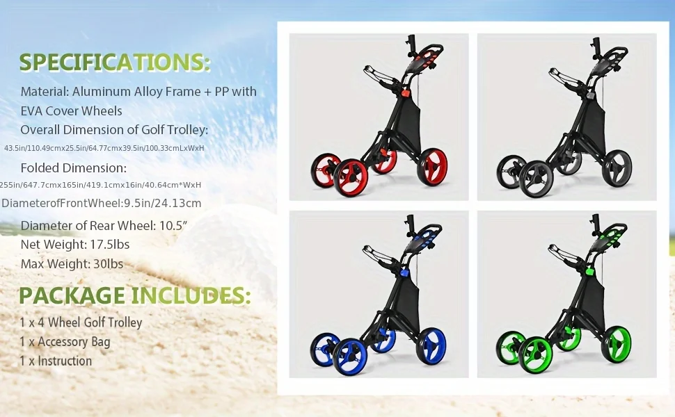 PGAST 4-Wheeled Golf Push Cart-Compact Folding Design, Adjustable Handle, Built-in Scoreboard-Accessories Bag Included, Ideal for Golf Enthusiasts - Curated Treasures Market