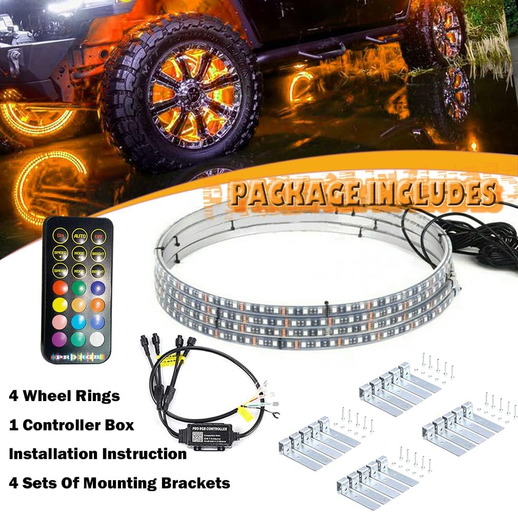 15.5IN RGB LED Wheel Light Kit-4PCS Single Row,Multicolor/waterproof,with Lock Function w/Turn Signal/Braking Functionand Can Controlled by Remote/app,Applicable to all trucks.SUVs