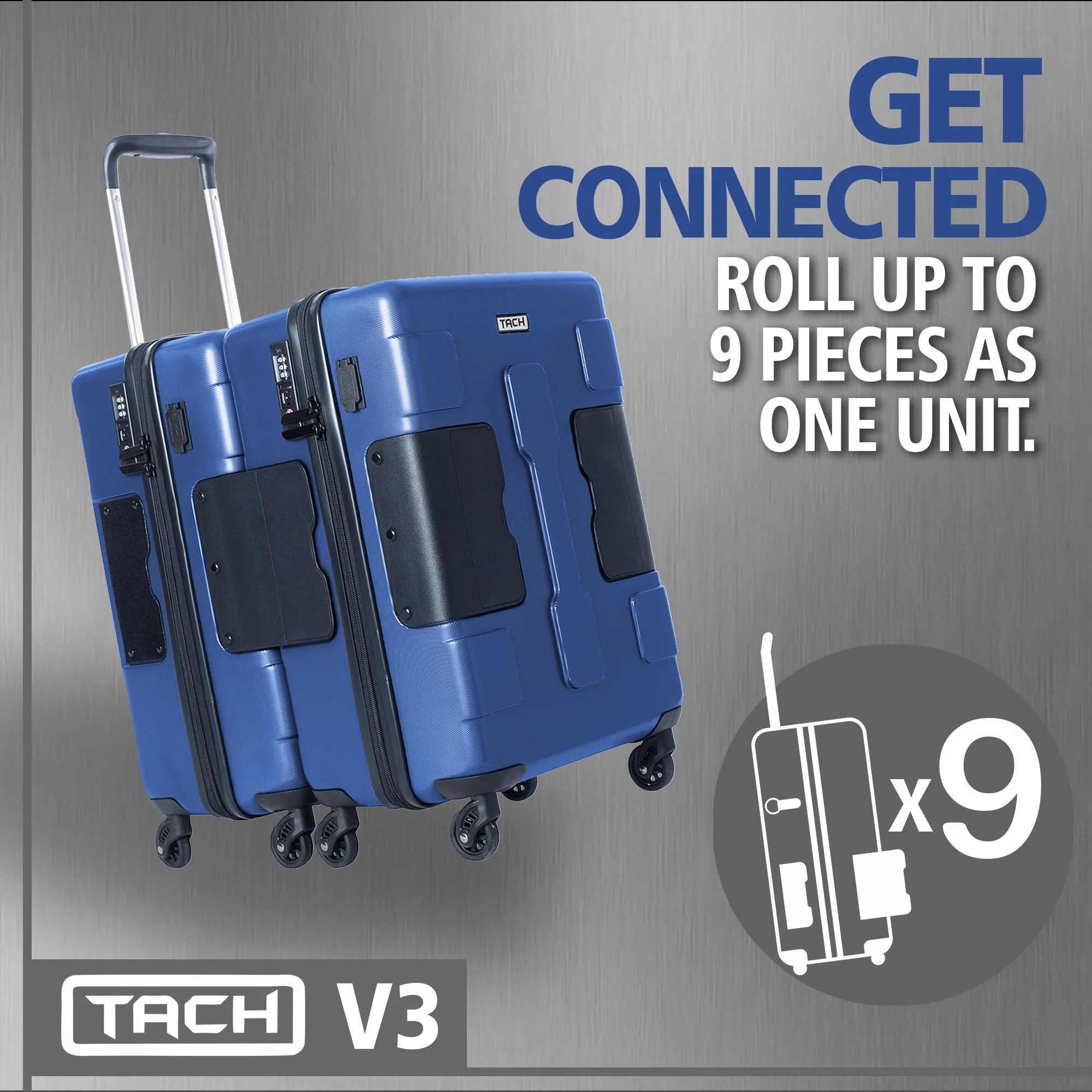 TACH V3 Connectable Hardside CarryOn Spinner Travel Suitcase, Midnight Blue