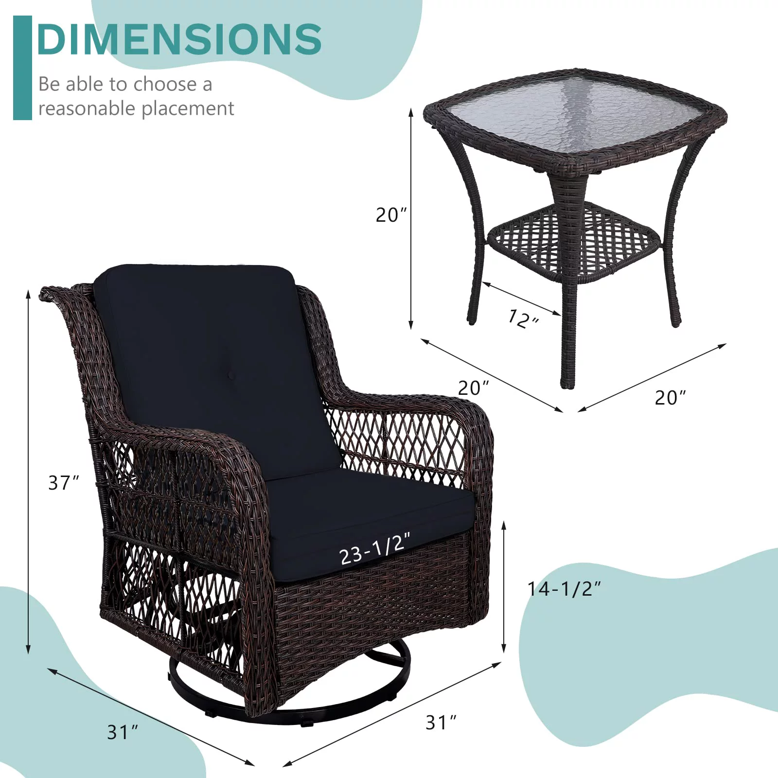 MEETWARM 3-Piece Patio Wicker Conversation Bistro Set Cushioned, Outdoor Swivel Rocking Chairs Rattan Furniture Sets with Thickened Cushion and Glass-Top Coffee Table (Navy Blue)