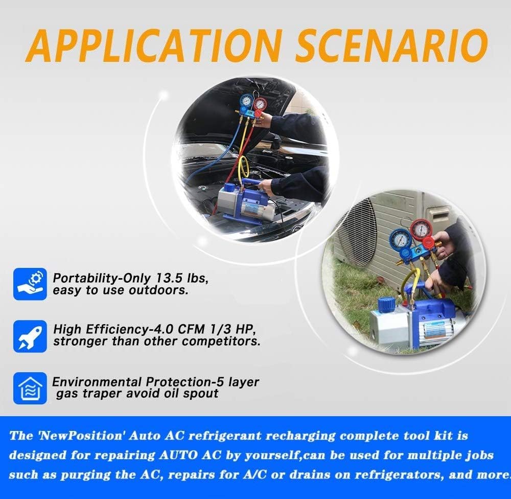 NewPosition 4CFM 1/3HP Air Vacuum Pump HVAC A/C Refrigeration Tool Kit AC with Leak Detector, Auto Repair Equipment, Manifold Gauge Set(R134A R22), 3 Hoses, Ideal for Food Packaging,Milking,Medical et