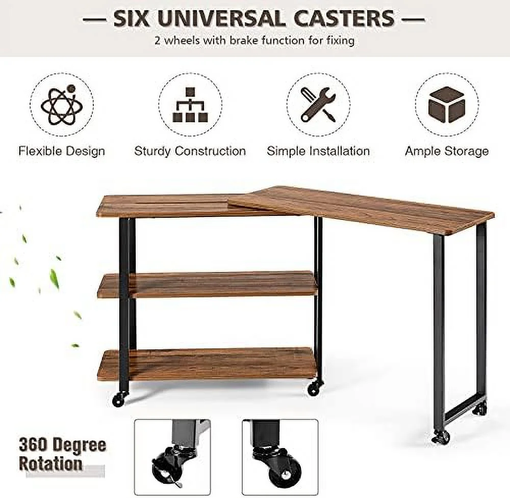 KHBIULIFE ° Rotating Sofa   Patented L-Shaped Corner Desk with 2-Tier    Mobile End Table Movable Laptop Table with Casters  for Home Office (Walnut)