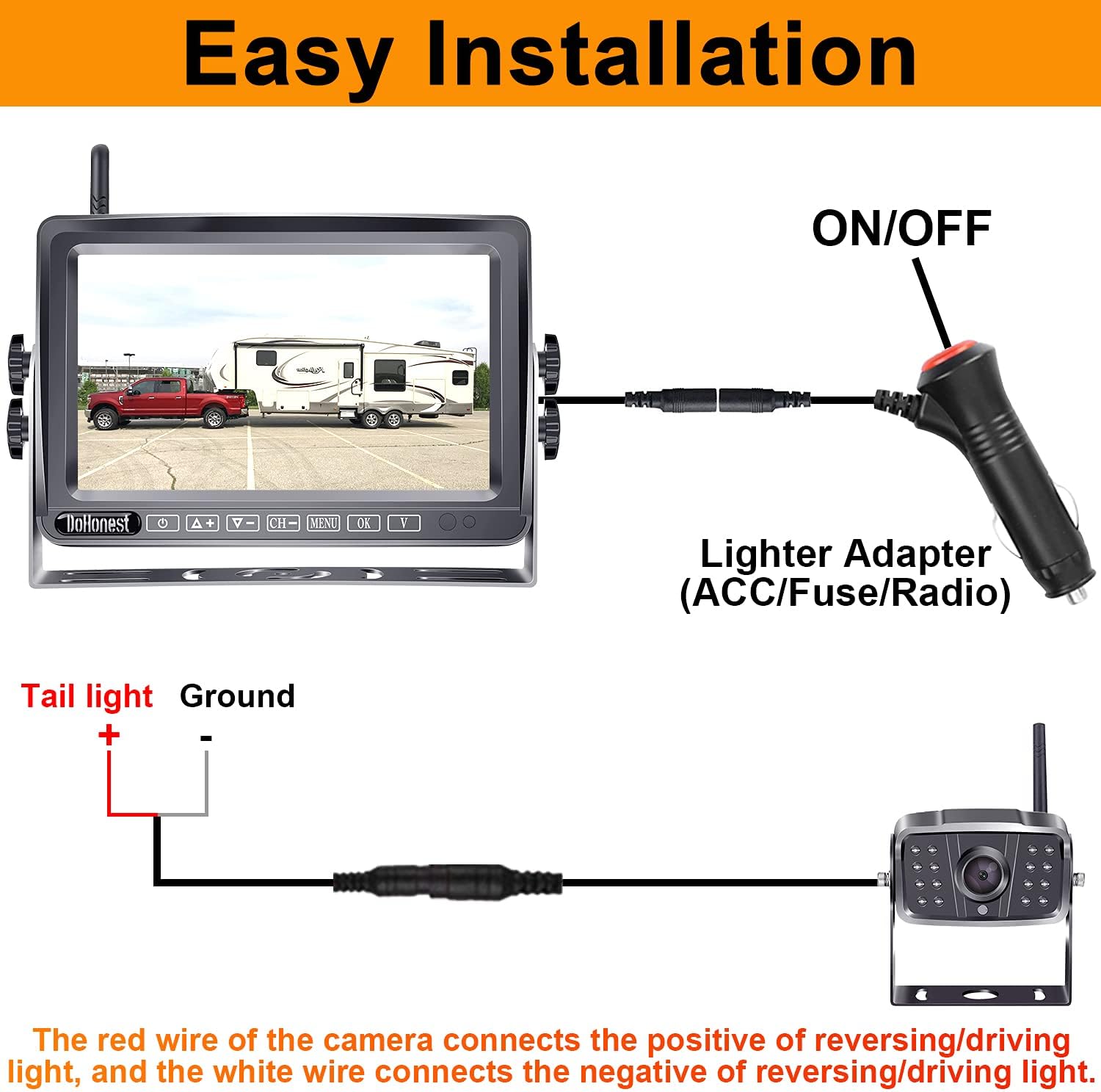 Wireless Backup Camera for RV HD 1080P 2 Rear View Camera 7���� DVR Touch Key Monitor Stable Digital Signals,Support 4 Cameras with Adapter for Furrion Pre-Wired RV,Trailer,Truck,5th Wheel DoHonest- V23