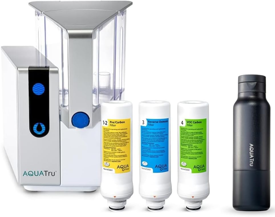 AquaTru Classic Countertop Water Filtration Purification System for PFAS & Other Contaminants with Exclusive Ultra RO Technology -No Installation-BPA Free & AquaTru Stainless Steel Water Bottle Bundle