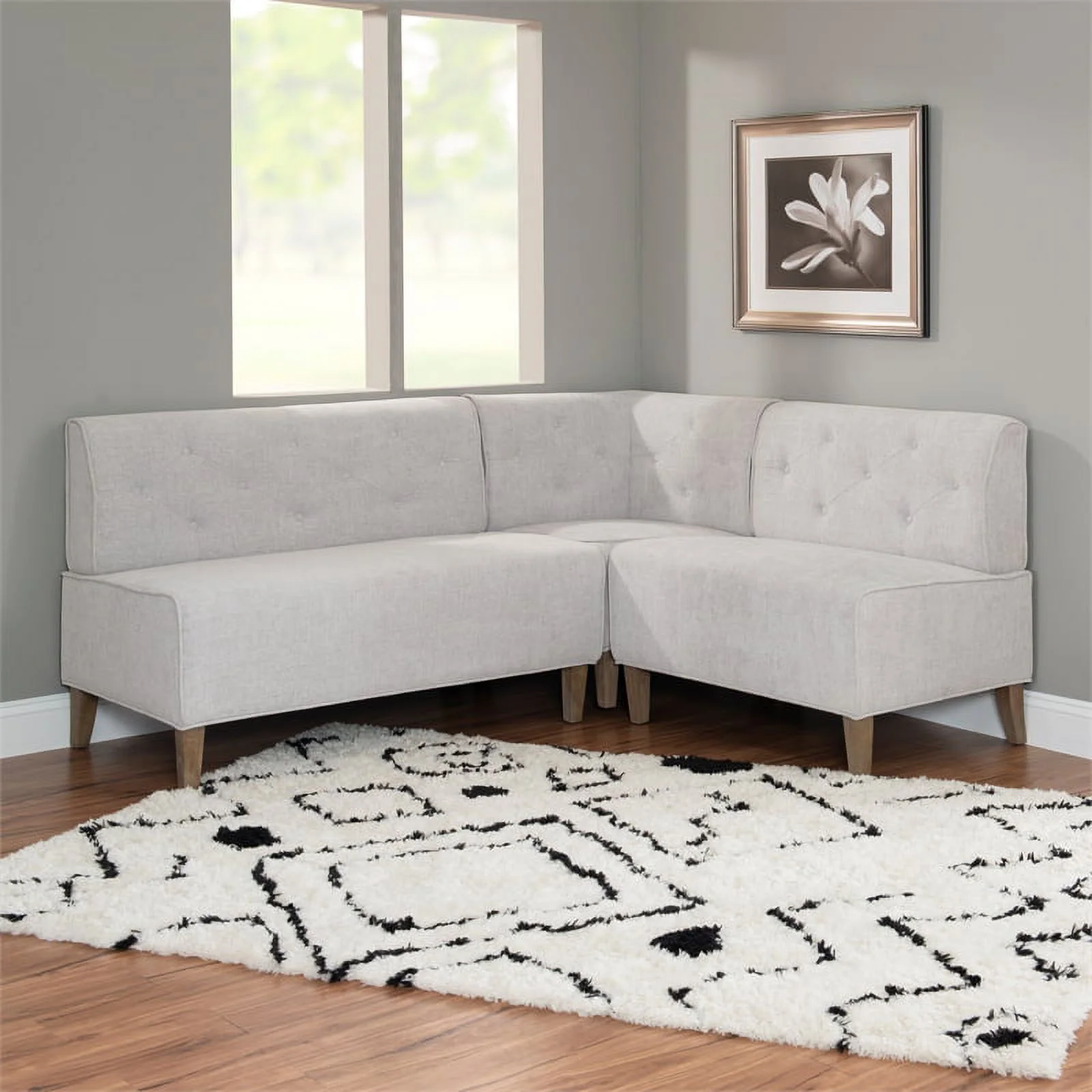 Pemberly Row Wood Upholstered Corner Nook Bench in Light Grey