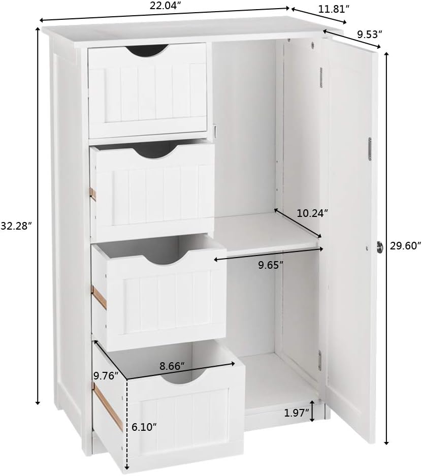 Bathroom Floor Cabinet storage unit with 4 Dawers and Single Door Cabinet, Entryway Storage Cabinet, Freestanding Storage Cabinet for Living Room Kitchen Hallway, White 21.7"L x 11.8"W x 31.9"H