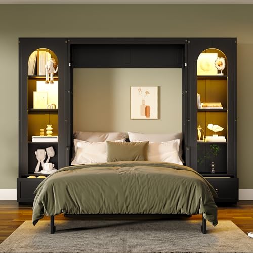 Ball & Cast Queen Size Murphy Bed with Desk,Hidden Wall Bed with 2 Sides Storage Cabinets,Shelf & Led,Murphy Cabinet Bed Frame for Bedroom,Guest Room,Space Saving,Black