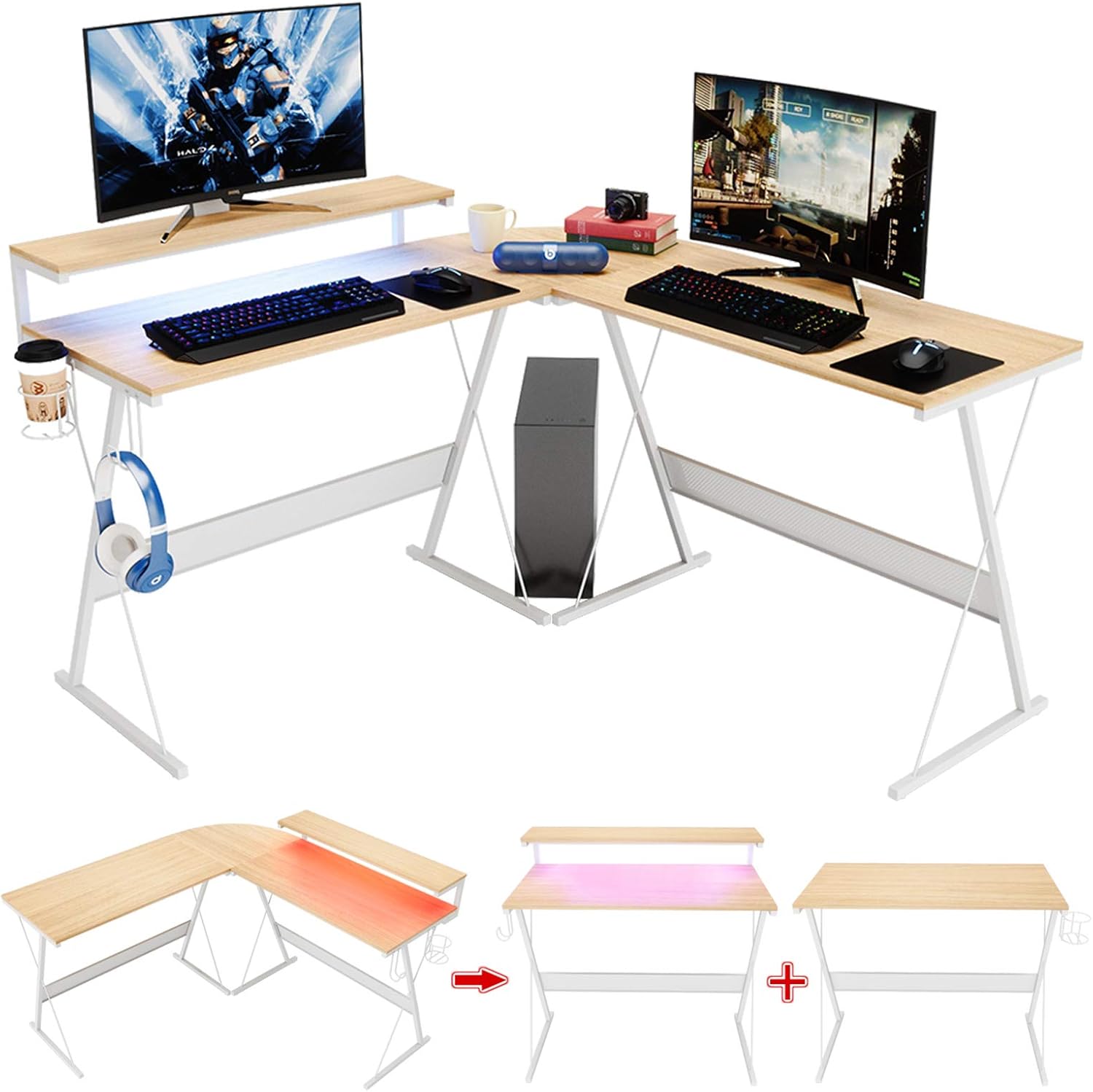 Bestier 55 inch L-Shaped RGB Gaming Computer Desk,Led Strip Light Modern Corner PC Laptop Desk Study Table Workstation Home Office Desk with Large Elevated Ergonomic Shelf Carbon Black