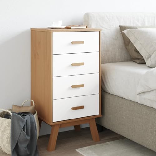 Bedside Cabinet White and Brown Solid Wood Pine,Modern, White and Brown Wooden Bedside Table with Drawers for Ample Storage Bedroom Furniture