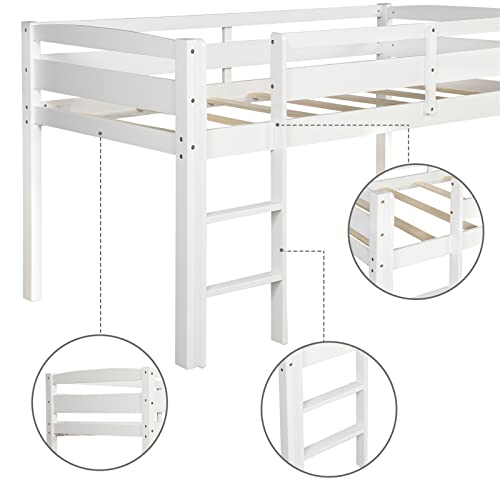 Bellemve Low Loft Bed Twin Size Wooden Loft Bed Frame with Ladder Compatible with Girls Boys Teens, White,bed frame