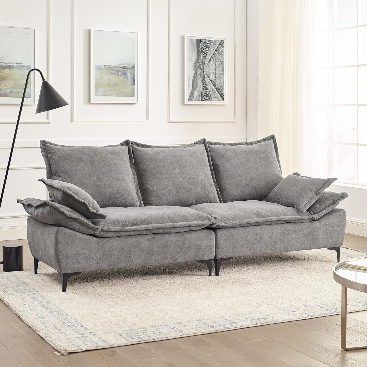 88.5" Sofa for Living Room, Modern Sofa Couch Sailboat Couches Dutch Velvet 3-Seater Sofa with 2 Pillows for Bedroom Apartment Small Space Grey