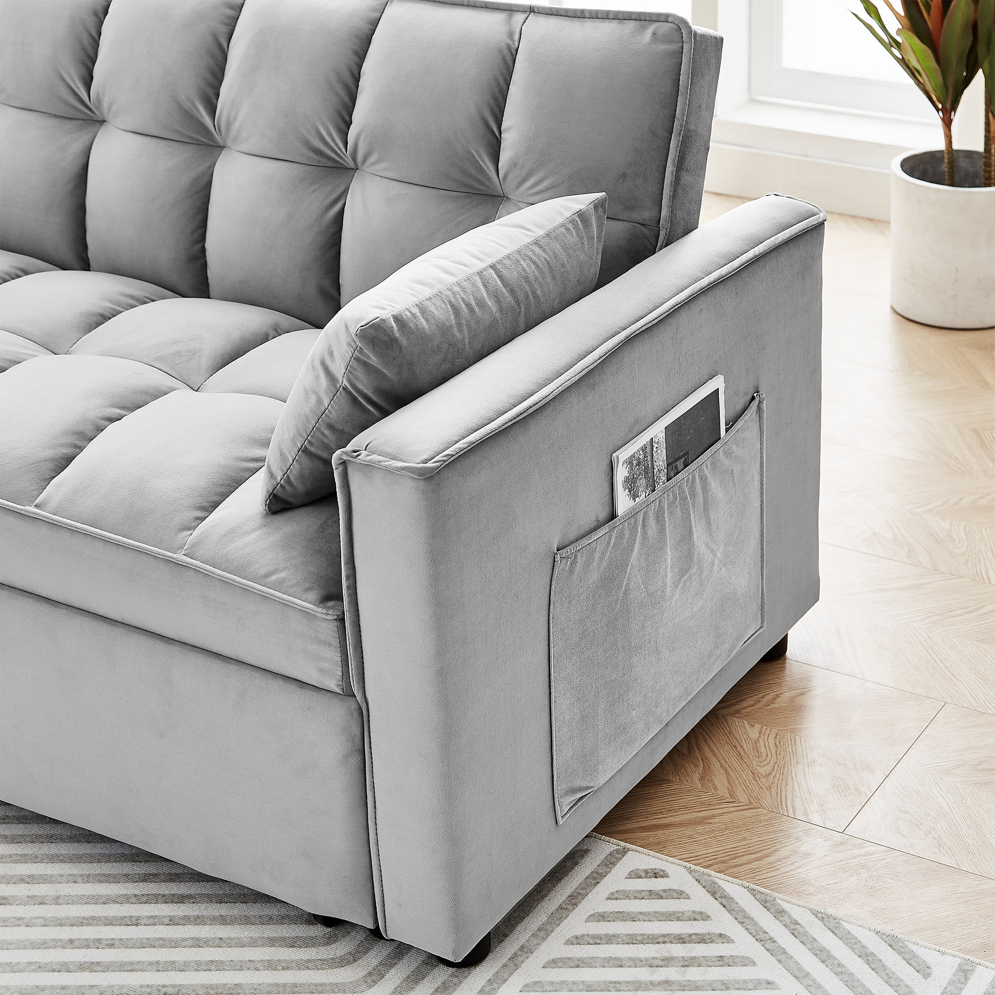 3 in 1 Sleeper Sofa Couch Bed, Modern Velvet Convertible Sleeper Sofa Bed, Small Love seat Sofa Bed with Pull-Out Bed, 2 Pillows and Side Pockets, for Living Room, Apartment, Black