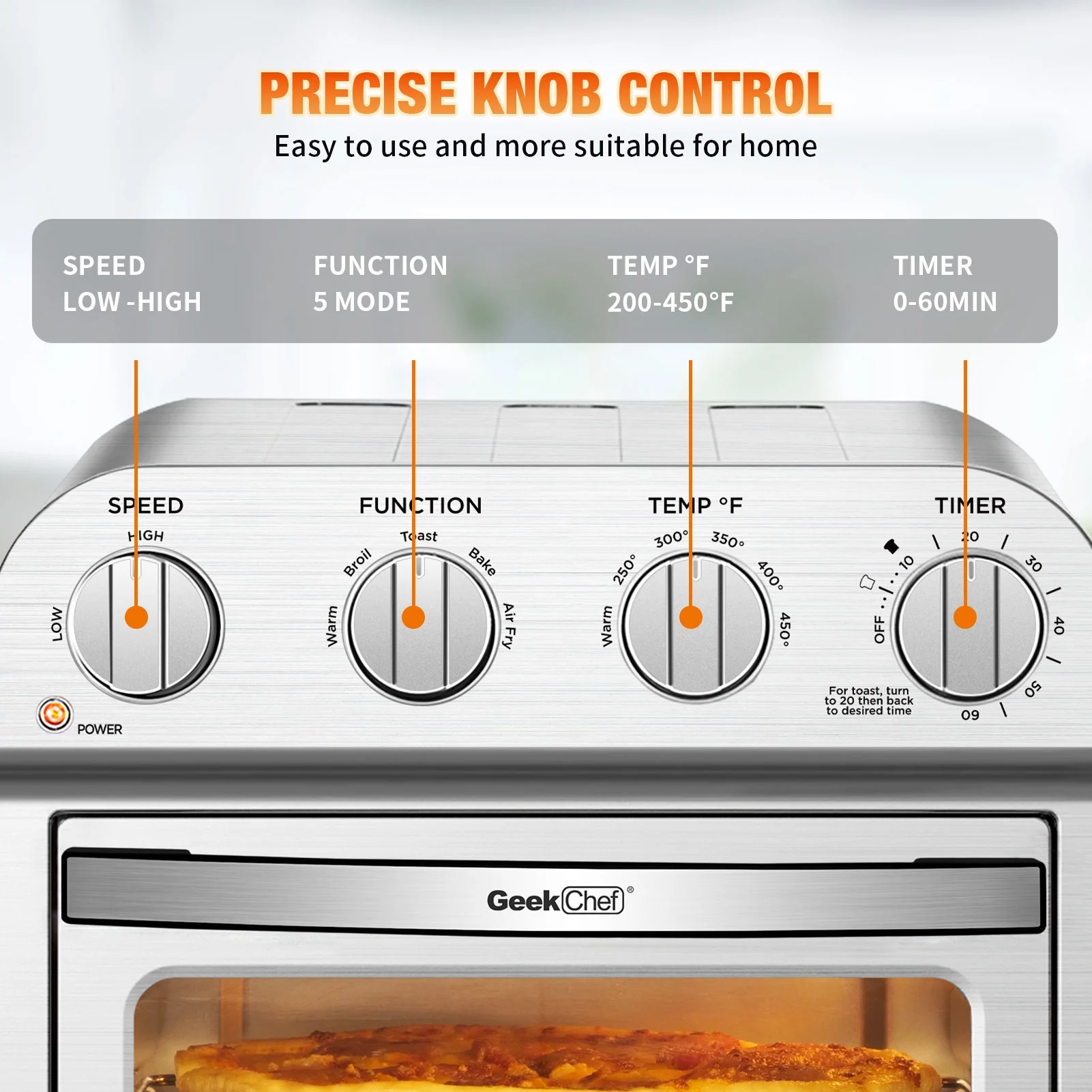 Geek Chef Air Fryer Toaster Oven Combo, 4 Slice Toaster Convection Air Fryer Oven Warm, Broil, Toast, Bake, Air Fry, Oil-Free, Accessories Included, Stainless Steel, Silver
