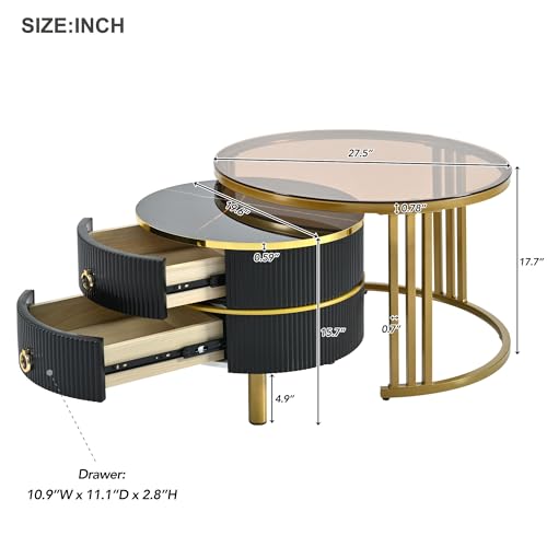 Modern Round Coffee Table, Nesting Table with Brown Tempered Glass and High Gloss Marble Tabletop, Glass Coffee Table for Living Room, Bedroom, Apartment (Golden Black)