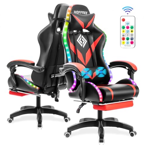 Gaming Chair with Massage and LED Lights Ergonomic Video Game Chairs with Footrest High Back Reclining Computer Chair with Adjustable Lumbar Support Blue and White