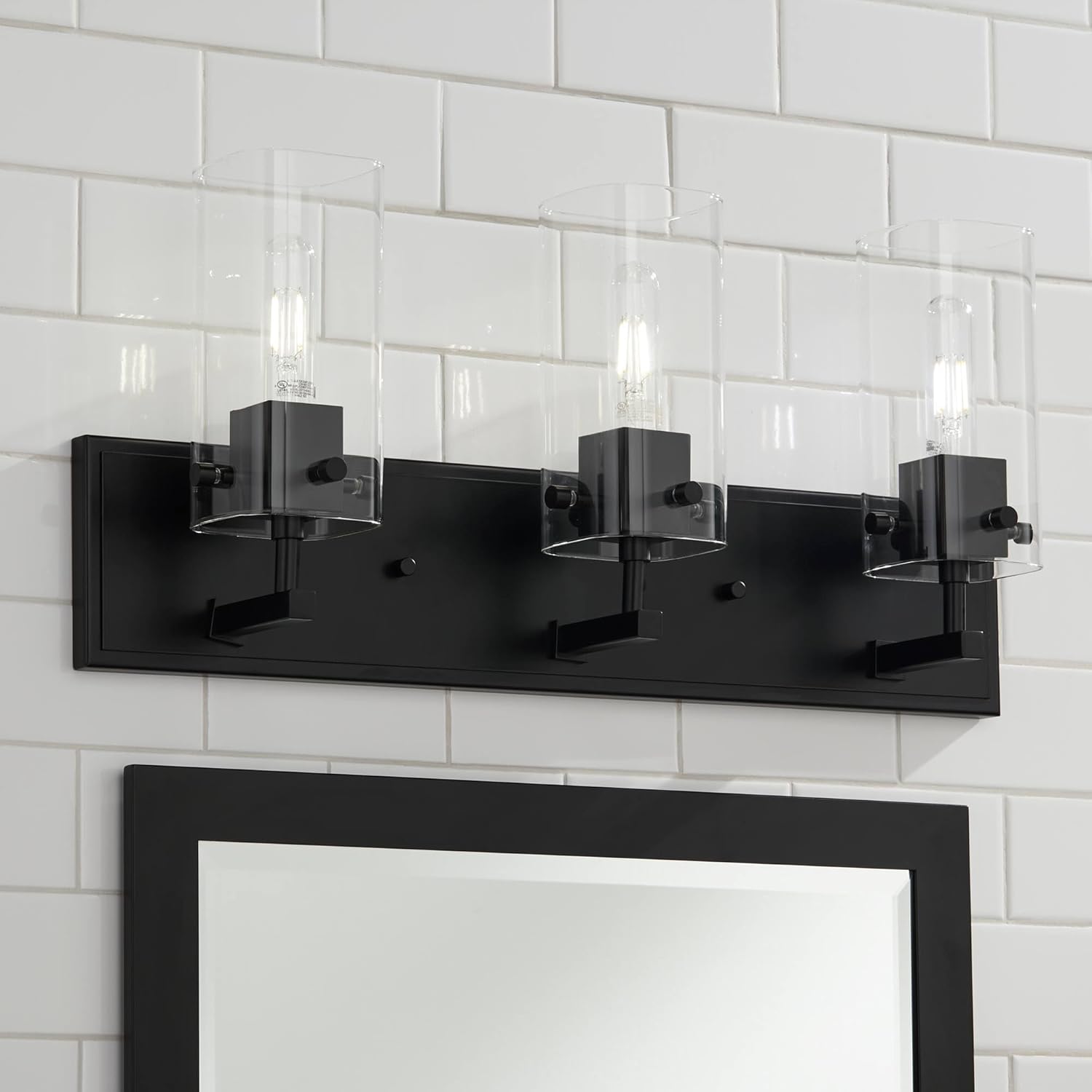 Possini Euro Design Metis Industrial Modern Wall Light Classic Black Metal Hardwired 24 1/4" 3-Light Fixture Clear Glass Shade for Bedroom Bathroom Vanity Reading Living Room Hallway House Home