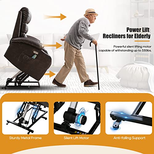 Lift Chair, Lift Chairs Recliners for Elderly, Power Lift Chair with Massage and Heat, Power Lift Chair with USB Port, 2 Cup Holders, 4 Pockets, PU Leather