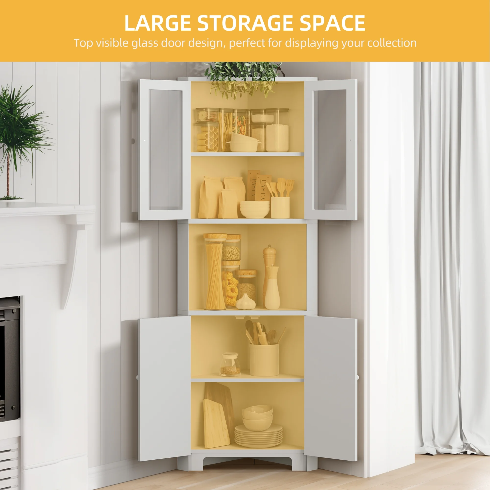 DWVO 67" Tall Corner Stoarge Cabinet With 4 Doors ,Corner Kitchen Cabinet,Buffet Cabinet for Living Room, Bathroom, Kitchen, White