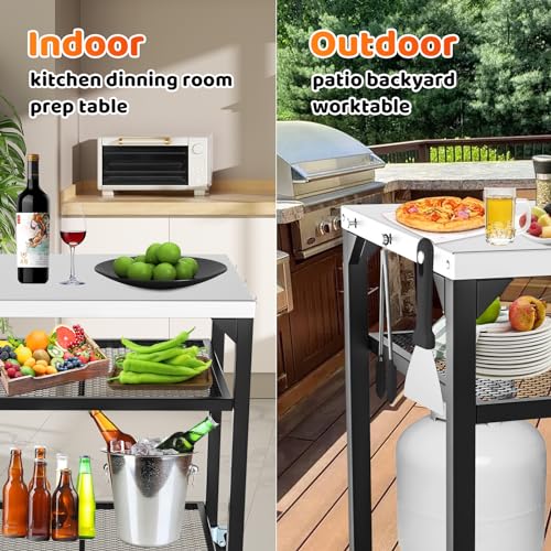 Outdoor Grill Table Cart Ninja Woodfire Outdoor Grill(OG700 Series),2024 Upgraded Thicken Double-Shelf Movable Pizza Oven Table, Stainless Kitchen Island, for Blackstone Griddle Stand Cart