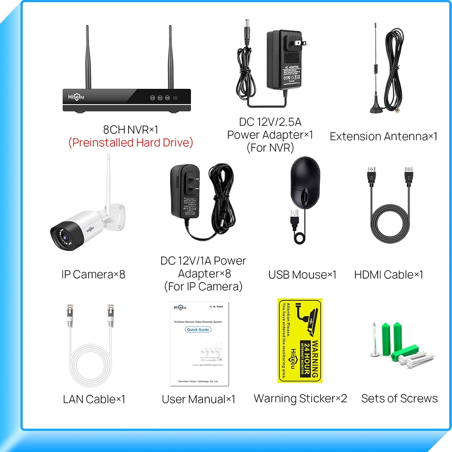 Hiseeu 2K Wireless Security Camera System Outdoor/Indoor 8 CH NVR kit 8Pcs Cameras 3MP WiFi Surveillance Camera for Home Night Vision,Bullet Camera Waterproof, Motion Detection, 3TB Hard Drive