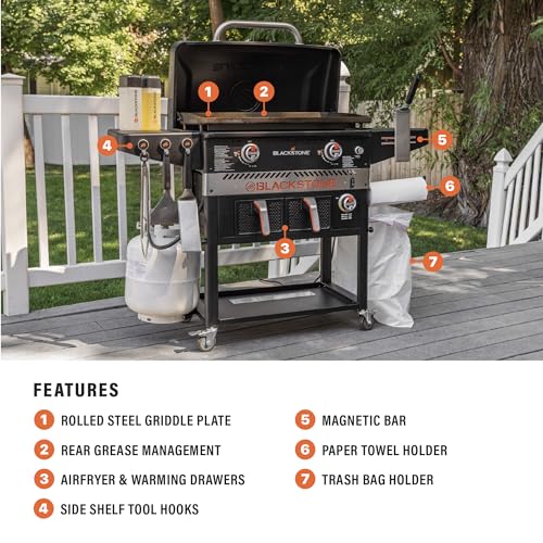 Blackstone 1962 Air Fryer Combo & Two Burners Stainless Steel Gas Hood, Wheels, Two Side Shelf – Heavy Duty Outdoor Griddle Station for Backyard, Patio, 28 inch Black