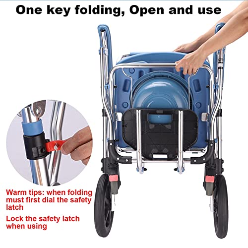 Shower Transport Chairs on Wheels 3 in 1 Folding Shower Wheelchair Bedside Commode with Pail Soft Cushion Backrest Locking Wheels with Large Commode for Seniors (blue)